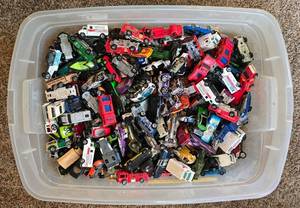 lot 63K image: LR - Large Collection of Loose Used Hot Wheels Cars in Storage Bin