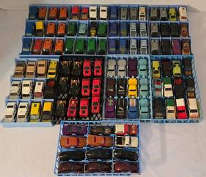 lot 73K image: LR - Collection of 91 Vintage Hot Wheels Diecast Cars in Storage Trays