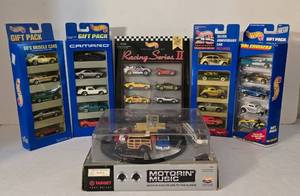 lot 78K image: LR - Hot Wheels Motorin Music Set, 4 Gift Pack 5-Car Sets, and Racing Series II 8-Pack Assortment