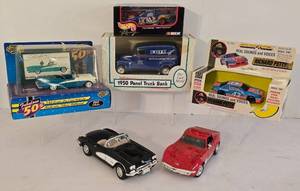 lot 92K image: LR - Collection of 5 Die-Cast Model Cars with Boxes and Accessories