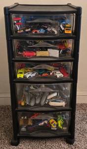 lot 97K image: LR - 5-Drawer Organizer with Assorted Hot Wheels Cars, Helicopters, and Blimps