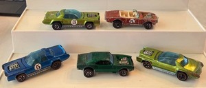 lot 191 image: Set of 5 Vintage Red Lines Hot Wheels Cars - Light My Firebird, Sugar Caddy, Heavy Chevy