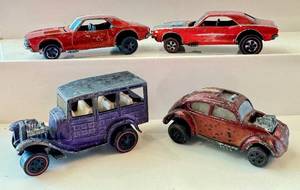 lot 197 image: Set of 4 Vintage Redline Hot Wheels Cars - 2 Custom Camaro, Classic Volkswagen, 31 Ford Woody