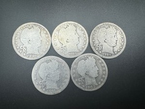 lot 72 image: Five 90% Silver Barber Quarters