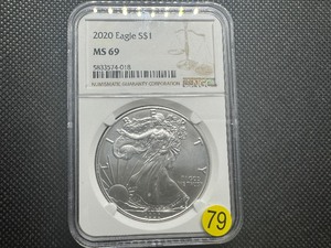 lot 79 image: 2020 1 Oz. Silver American Eagle NGC MS69