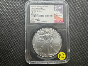 lot 80 image: 2020-P 1 Oz. Emergency Production First Day of Issue Silver American Eagle NGC MS69  -  NGC Price Guide $75