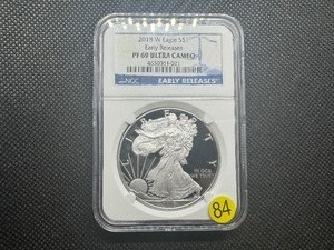 lot 84 image: 2018-W Proof 1 Oz. American Silver Eagle Early Releases NGC PF69 Ultra Cameo -  NGC Price Guide $100