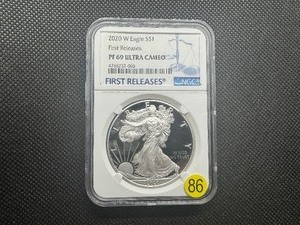 lot 86 image: 2020-W Proof 1 Oz. American Silver EagleFirst Releases NGC PF69 Ultra Cameo -  NGC Price Guide $100