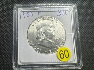 lot 60 image: 1955-P Silver Franklin Half Dollar Marked BU When Purchased