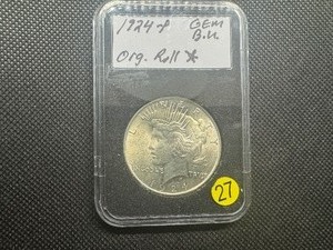 lot 27 image: 1924 Peace Dollar Marked Gem BU From Original Roll When Purchased