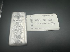 lot 30 image: Heraeus Ten Ounce .9999 Silver Bar with Certificate of Authenticity Serial No. JA97575