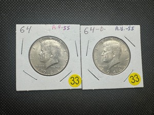 lot 33 image: Two 90% Silver Kennedy Half Dollars 1964 and 1964-D - Both Marked AU55 when Purchased - Nice Mint Luster