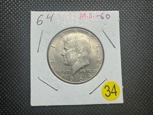 lot 34 image: 1964 90% Silver Kennedy Half Dollar Marked MS60 When Purchased - Nice Mint Luster