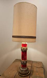 lot 63 image: Vintage Red Pieri Creations Lamp w original tag 43 Tall
