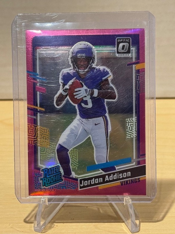 lot 237 image: 2023 Optic Pink Prizm Jordan Addison Rookie #368