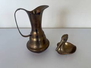 lot 19 image: Vintage Brass Pitcher and Pelican Trinket Holder