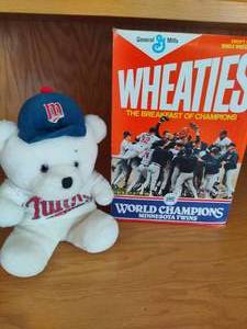 lot 68 image: Minnesota Twins 1987 World Series Wheaties Box and Twins Bear