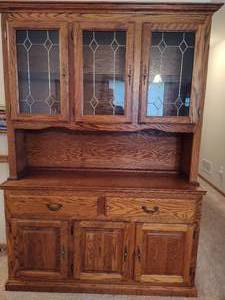 lot 163 image: Lighted Oak Two Piece China Cabinet