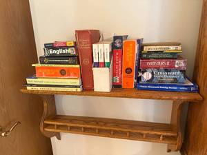 lot 195 image: Assortment of Dictionaries, Language Books, Crossword Books and Shelf