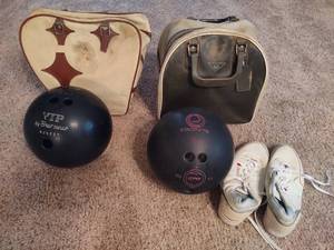 lot 173 image: Two Vintage Bowling Balls, Bags & Shoes