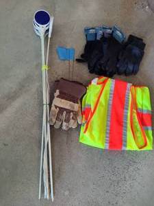 lot 258 image: Reflective Vest & Stakes, Work Gloves & Flags