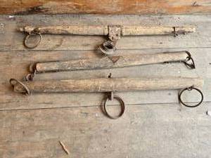 lot 7 image: Lot of 3 Wooden Yokes with Metal Rings and Hardware