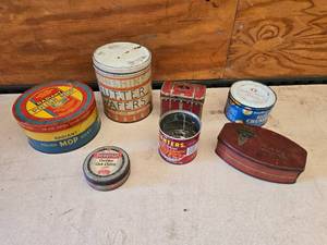lot 31 image: Vintage Tin Can Collection including Radiant Polish Mop, Sunshine Butter Wafers, and Swee-Touch-Nee-Tea