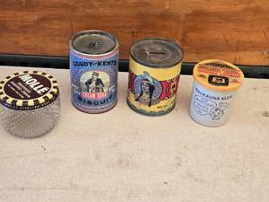 lot 32 image: Vintage Collectible Tins and Jar including a Molle Brushless Shaving Cream jar, Goudy and Kents Cream Soda Biscuit tin, Greers Special Brand Tomatoes tin, and a Kaukauna Klub cheese jar