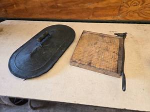 lot 35 image: Burke & James Rexo No. 4 Paper Cutter and Vintage Metal Tub Cover