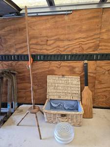lot 41 image: Wicker Picnic Basket, Paddle, All Wood Dress Form Stand, and Glass Light Fixture