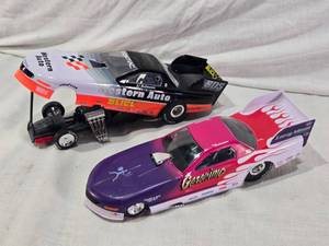 lot 99 image: Racing Champions 1996 Diecast Dragster Cars Western Auto Pontiac with Al Hofmann branding and Geronimo with Tony Pedregon branding