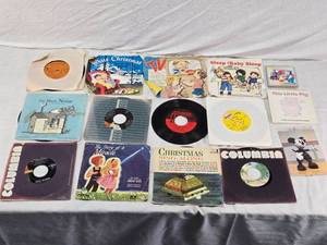 lot 109 image: Vintage Childrens Vinyl Records including White Christmas and Joy to the World, Sleep Baby Sleep, Too Much Noise and Many More