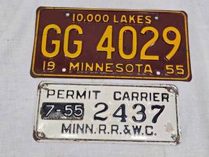 lot 126 image: Minnesota License Plates 1955 Including Minn. R.R. & W.C. Permit Carrier Plate