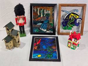 lot 149 image: Decorative Items including Stained Glass Art, Nutcracker, and Miniature House
