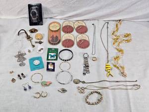 lot 156 image: Lot of Jewelry and Accessories including Watches, Necklaces, and Brooches