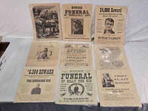 lot 176 image: Reproduction Wild West Historical Posters including Buffalo Bill, Butch Cassidy, and Billy the Kid