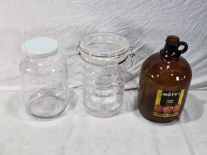 lot 240 image: Glass Jars and Jug Lot including Motts Sweet Cider Jug