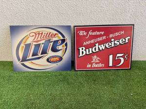 lot 155 image: Miller Lite & Budweiser Metal Signs