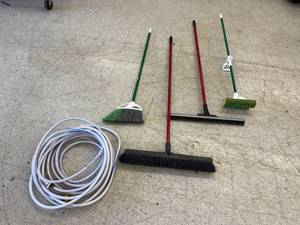lot 166 image: Garden Hose, Brooms & Squeegee