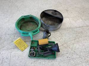 lot 169 image: Oil Drain Pans, Oil Can, Funnel, Hose Clamps & More