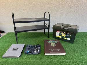 lot 170 image: Sportsmens Dry Box, Darts, 1970s Cars Book & Expandable Metal Shelf