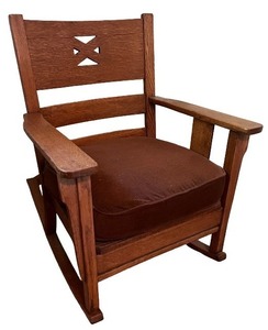 lot 27 image: Vintage Wooden Rocking Chair with Brown Cushion