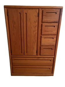lot 36 image: Tall Solid Wood Bedroom Armoire with Drawers and Shelves