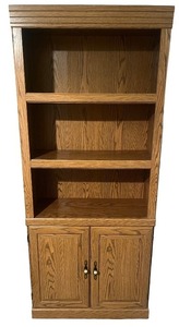 lot 54 image: Oak Wood Bookshelf with Storage Cabinet and Shelves