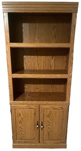 lot 59 image: Oak Wood Bookshelf with Storage Cabinet and Shelves