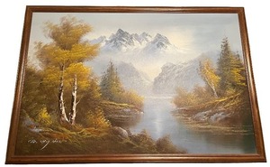 lot 90 image: Framed Landscape Oil Painting with Mountains and Trees