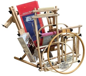 lot 129 image: Lot of Wooden Embroidery and Cross Stitch Stands with Hoops and Accessories