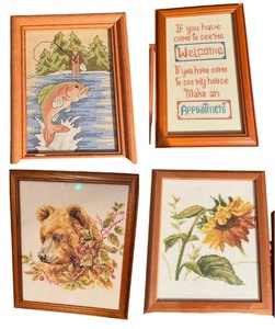 lot 138 image: Collection of 4 Framed Cross Stitch Artworks Bear, Sunflower, Fishing and Welcome Sign