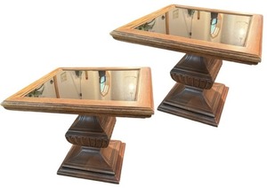 lot 141 image: Pair of Wood and Glass Pedestal End Tables