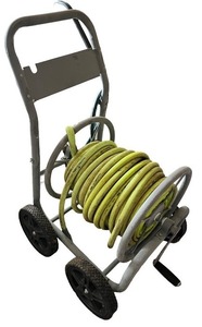 lot 151 image: Garden Hose Reel Cart with Hose and Wheels